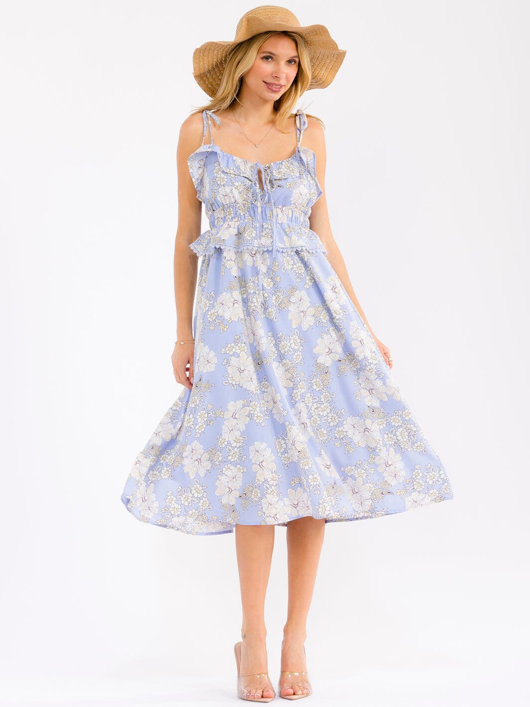 WOMEN'S SLEEVELESS V-NECK OPEN BACK SMOCK WAIST RUFFLE FLORAL MIDI DRESS