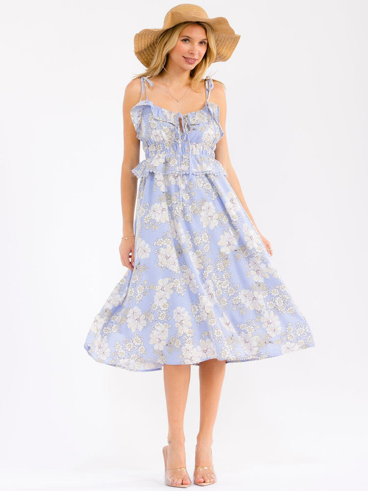 WOMEN'S SLEEVELESS V-NECK OPEN BACK SMOCK WAIST RUFFLE FLORAL MIDI DRESS