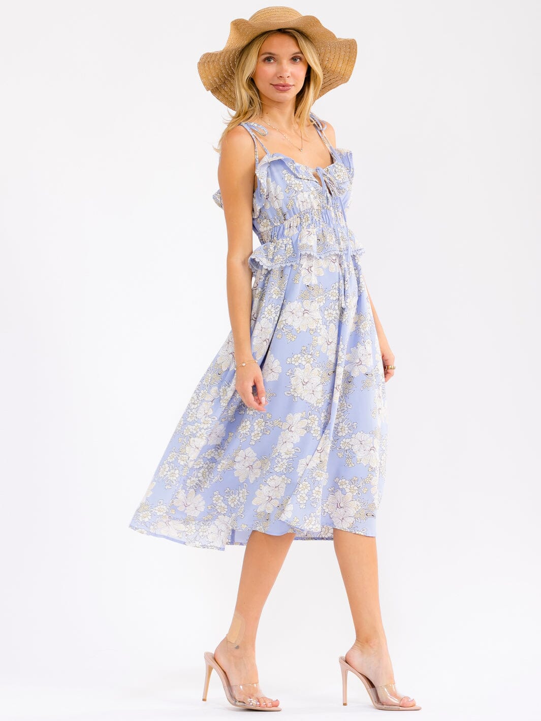 WOMEN'S SLEEVELESS V-NECK OPEN BACK SMOCK WAIST RUFFLE FLORAL MIDI DRESS