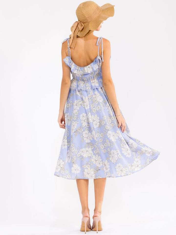 WOMEN'S SLEEVELESS V-NECK OPEN BACK SMOCK WAIST RUFFLE FLORAL MIDI DRESS