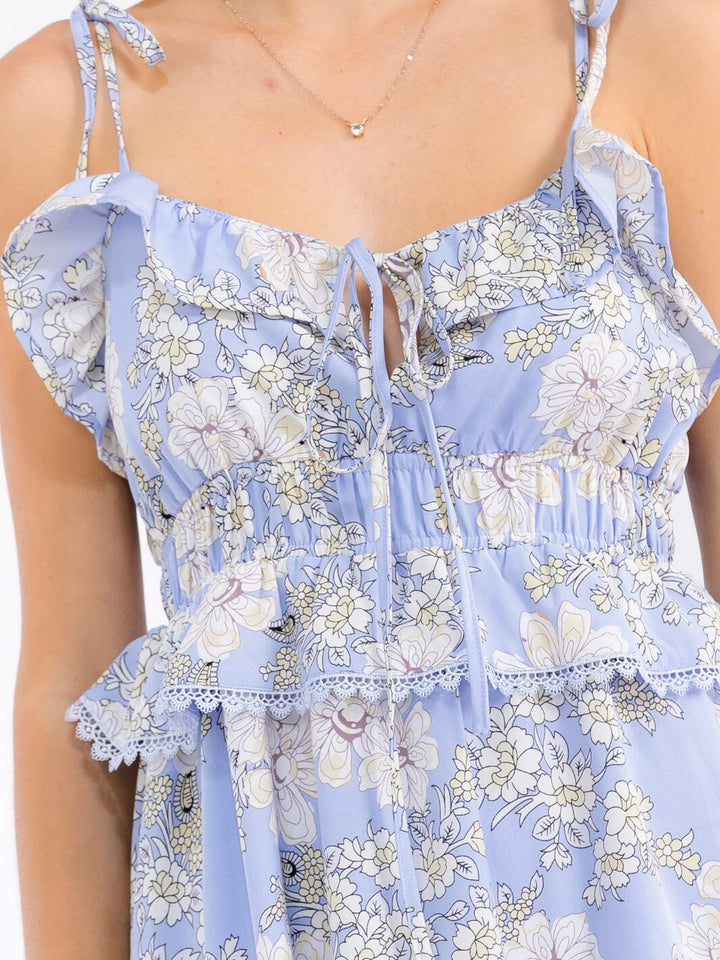 WOMEN'S SLEEVELESS V-NECK OPEN BACK SMOCK WAIST RUFFLE FLORAL MIDI DRESS