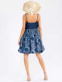 WOMEN'S SLEEVELESS FRONT POCKETS PRINT DENIM CONTRAST MINI DRESS