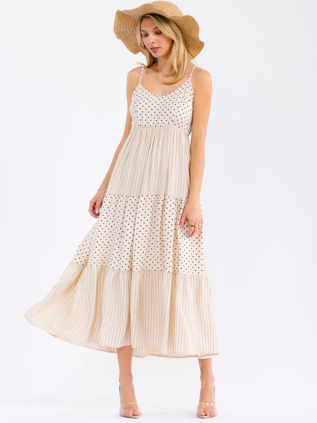 WOMEN'S SLEEVELESS V-NECK SMOCK TIERED POLKA DOTS & STRIPES MAXI DRESS