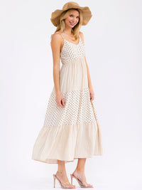 WOMEN'S SLEEVELESS V-NECK SMOCK TIERED POLKA DOTS & STRIPES MAXI DRESS