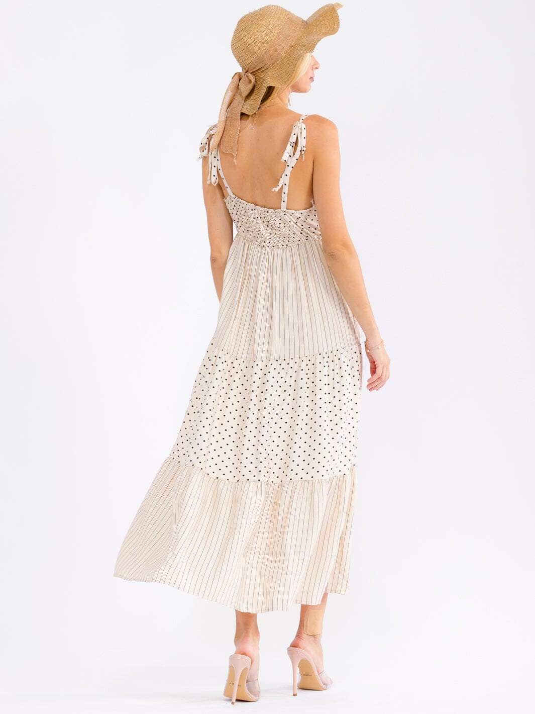 WOMEN'S SLEEVELESS V-NECK SMOCK TIERED POLKA DOTS & STRIPES MAXI DRESS