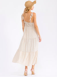 WOMEN'S SLEEVELESS V-NECK SMOCK TIERED POLKA DOTS & STRIPES MAXI DRESS