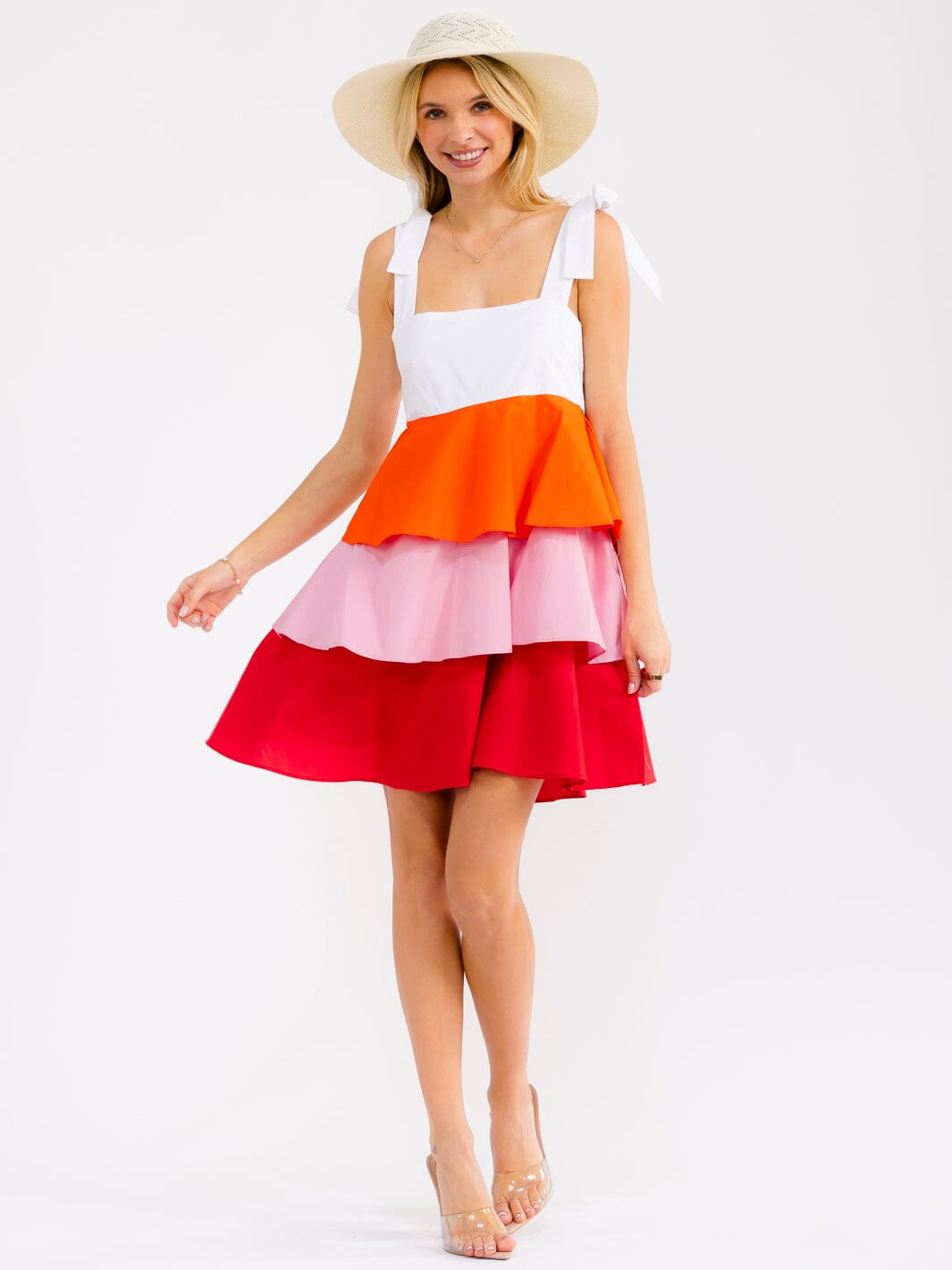 WOMEN'S SLEEVELESS SQUARE NECK RUFFLE TIERED COLOR BLOCK MINI DRESS
