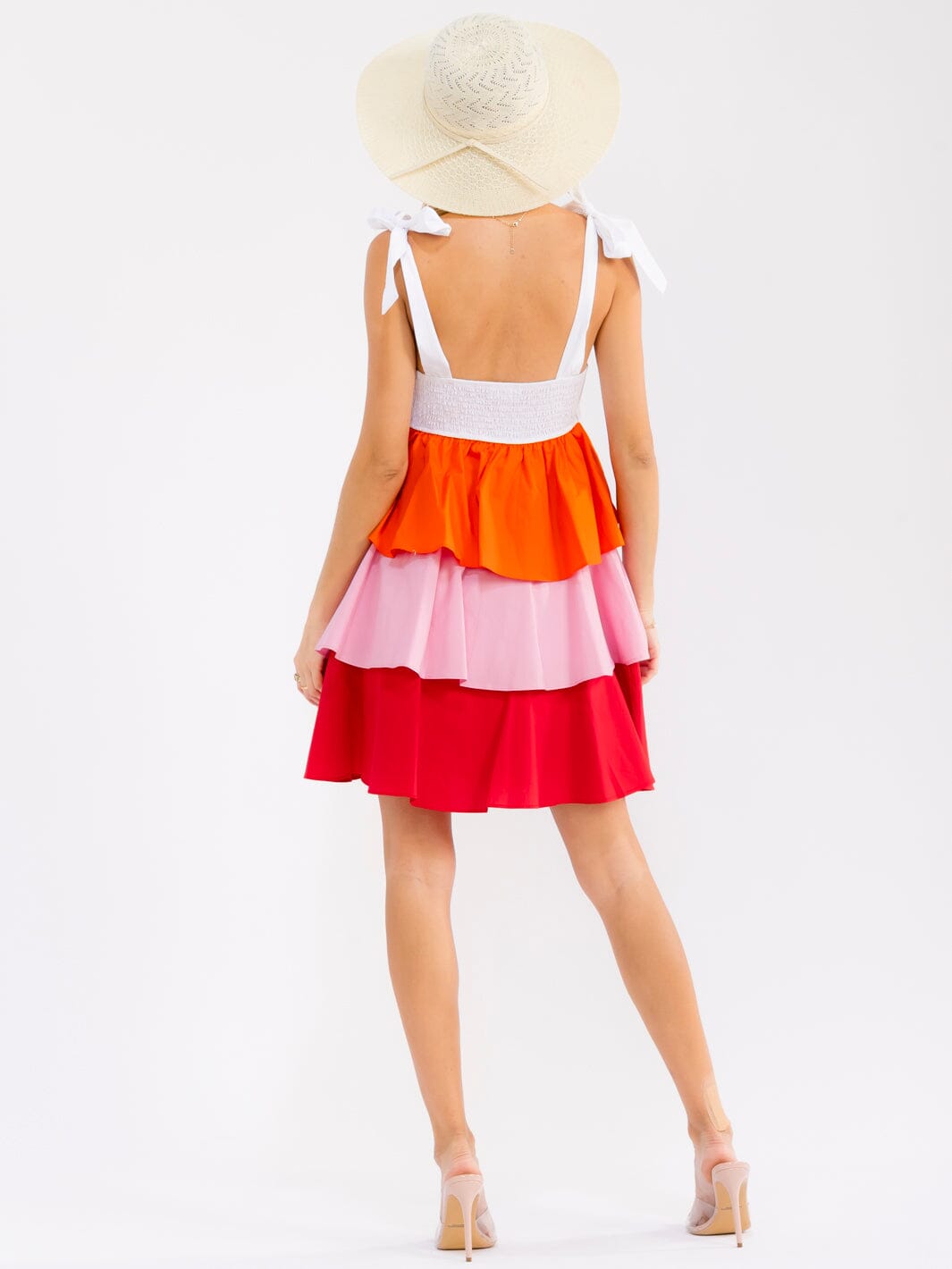 WOMEN'S SLEEVELESS SQUARE NECK RUFFLE TIERED COLOR BLOCK MINI DRESS