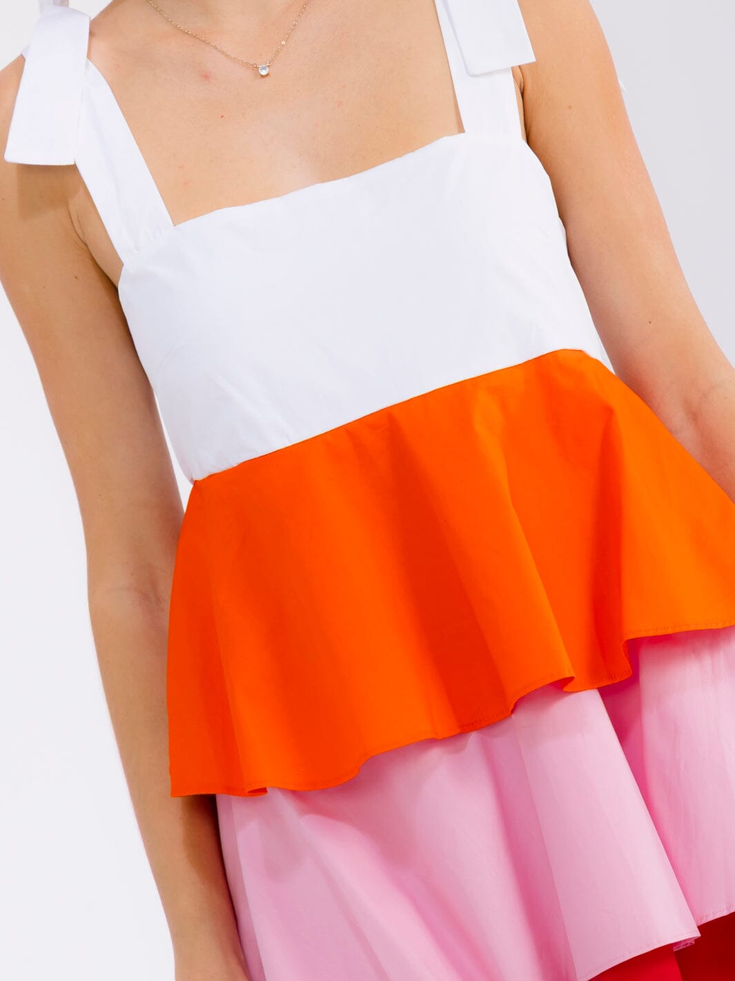 WOMEN'S SLEEVELESS SQUARE NECK RUFFLE TIERED COLOR BLOCK MINI DRESS