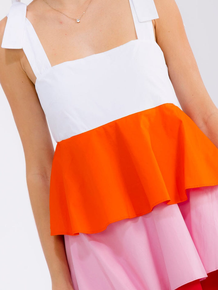 WOMEN'S SLEEVELESS SQUARE NECK RUFFLE TIERED COLOR BLOCK MINI DRESS