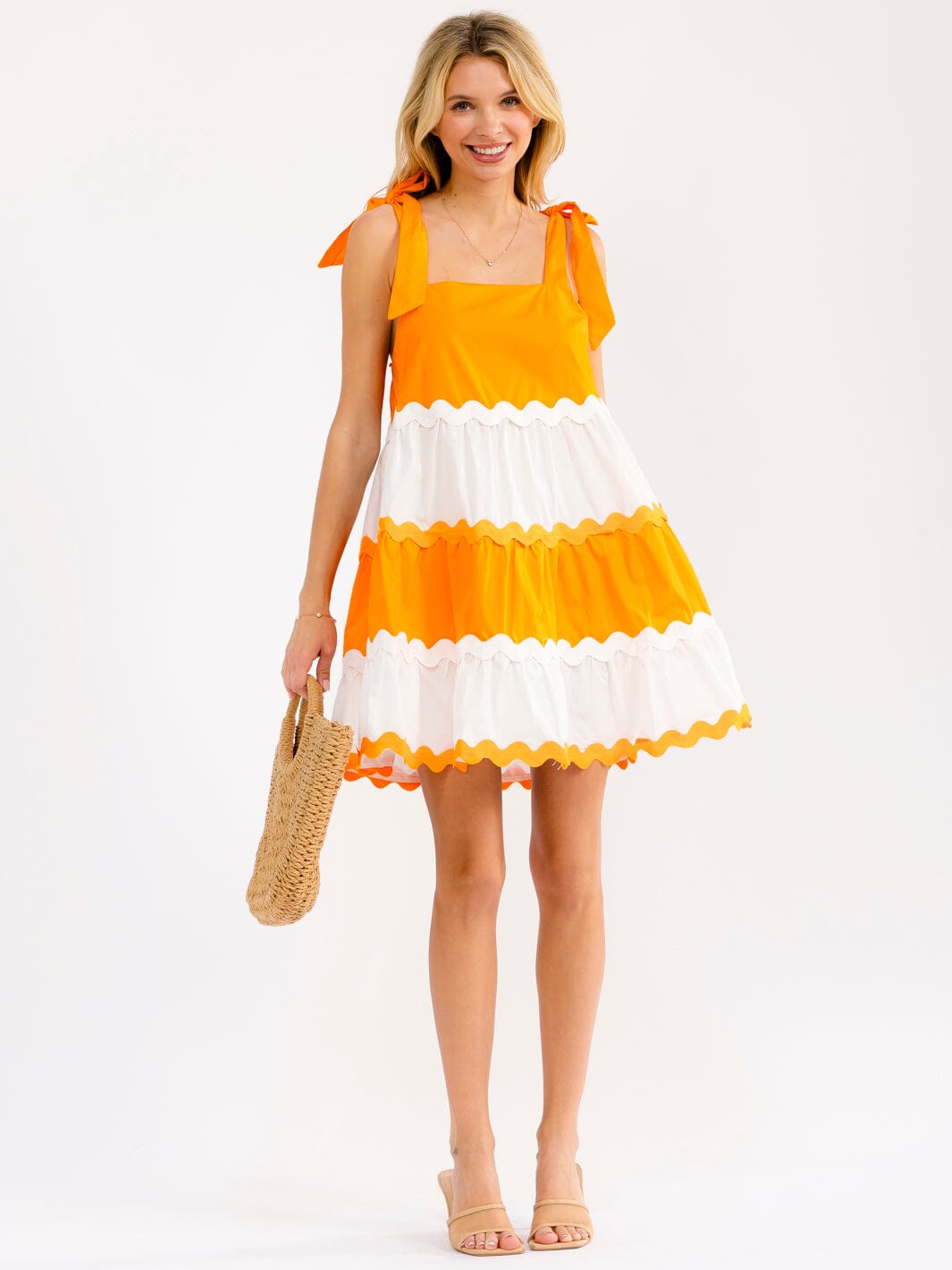 WOMEN'S SLEEVELESS SQUARE NECK TIERED TRIM DETAILED COLOR BLOCK MINI DRESS