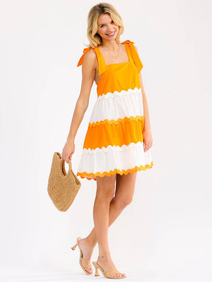 WOMEN'S SLEEVELESS SQUARE NECK TIERED TRIM DETAILED COLOR BLOCK MINI DRESS