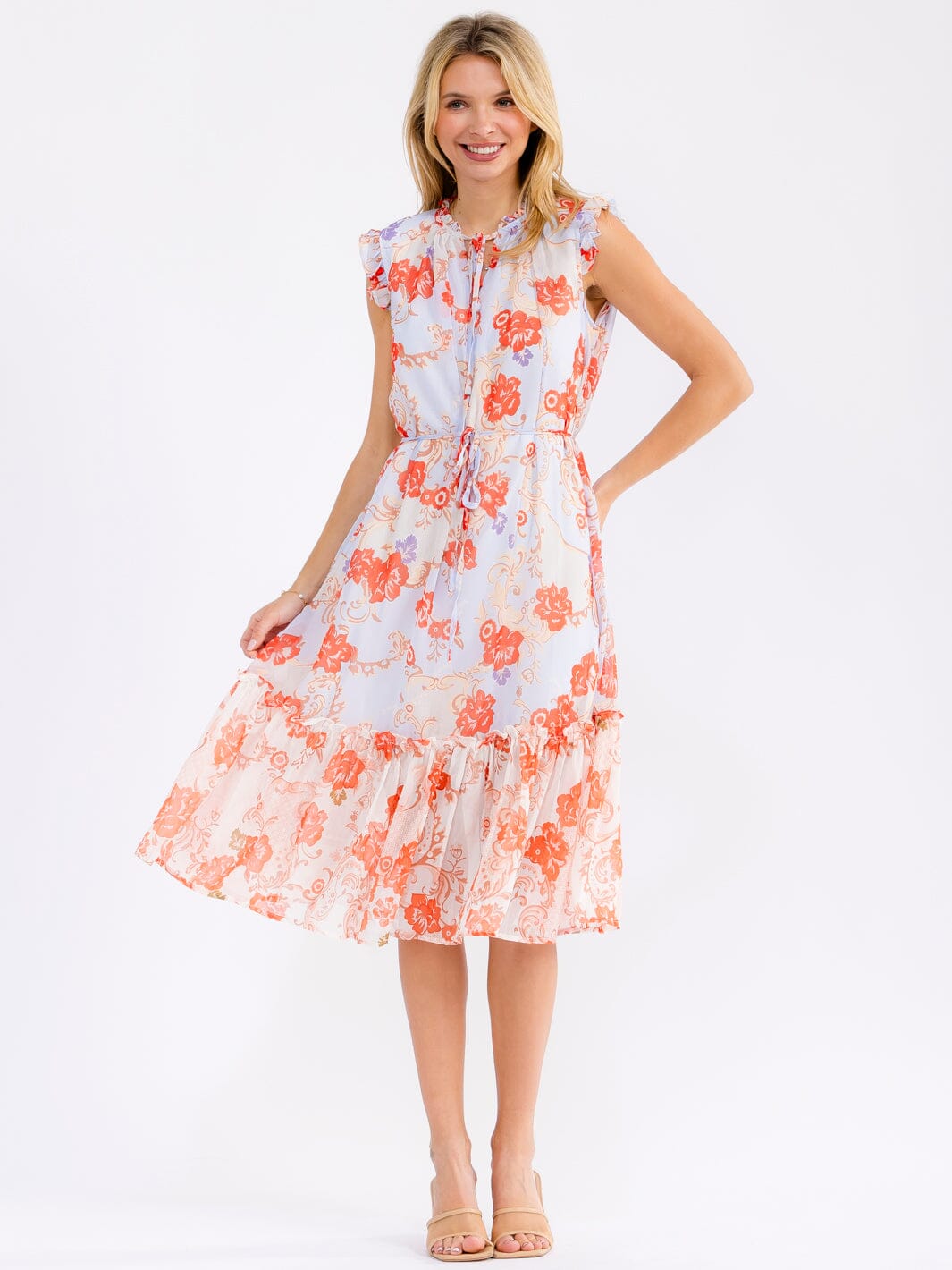 WOMEN'S SLEEVELESS V-NECK SELF TIE FLORAL MIDI DRESS