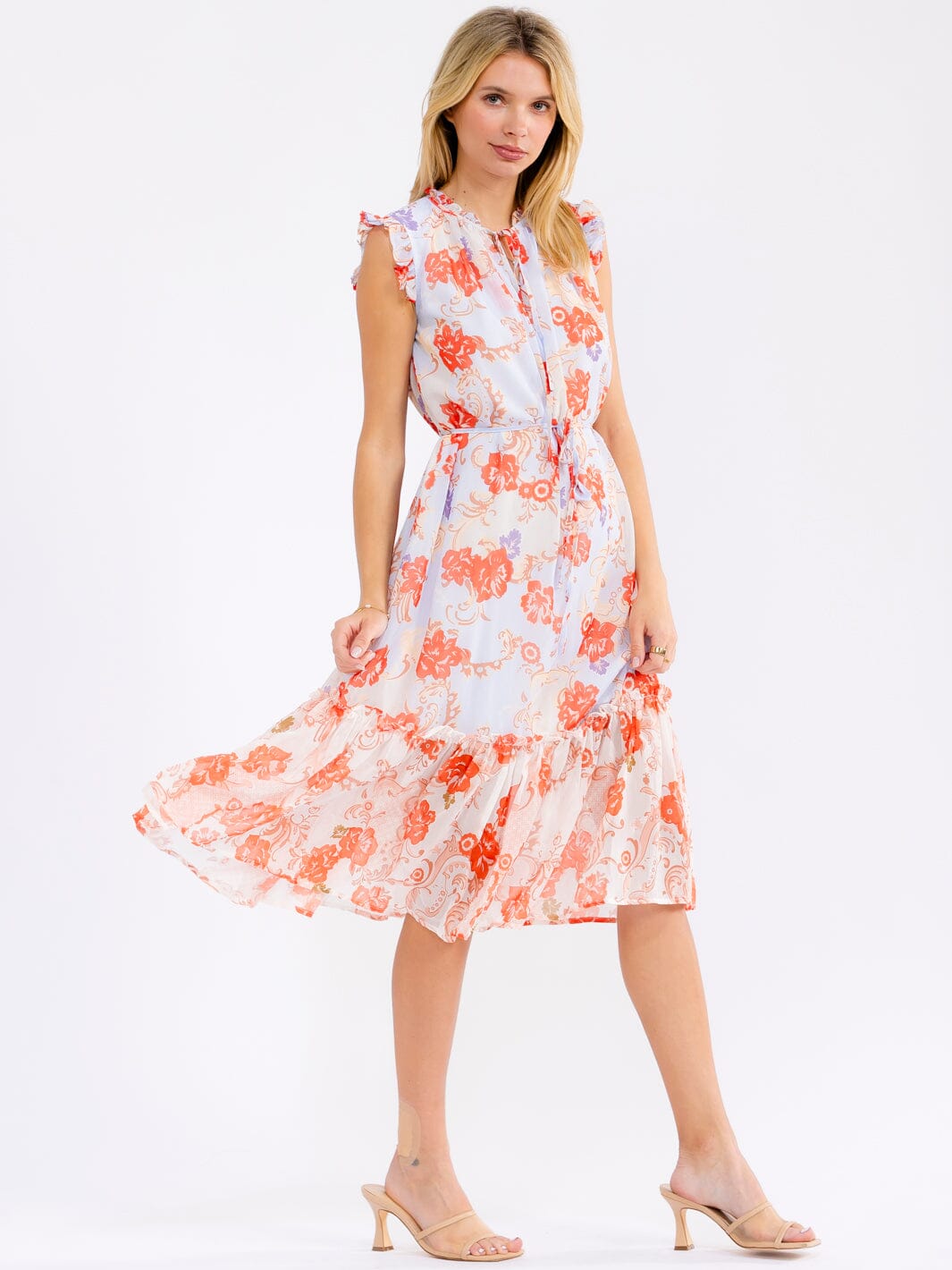 WOMEN'S SLEEVELESS V-NECK SELF TIE FLORAL MIDI DRESS