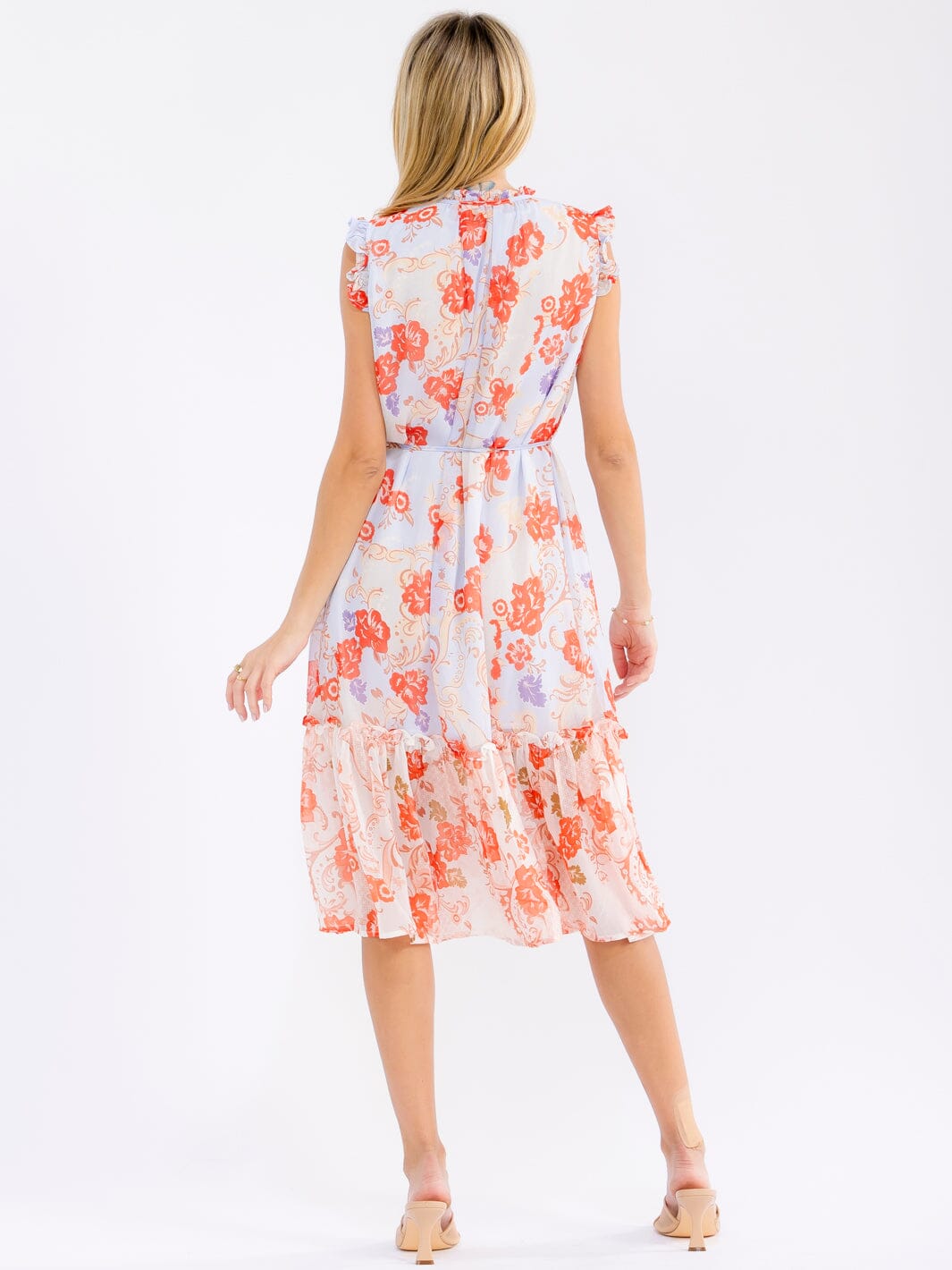 WOMEN'S SLEEVELESS V-NECK SELF TIE FLORAL MIDI DRESS