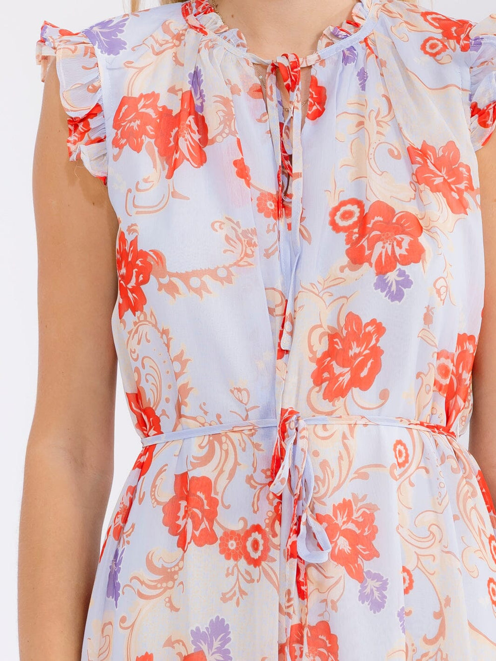 WOMEN'S SLEEVELESS V-NECK SELF TIE FLORAL MIDI DRESS