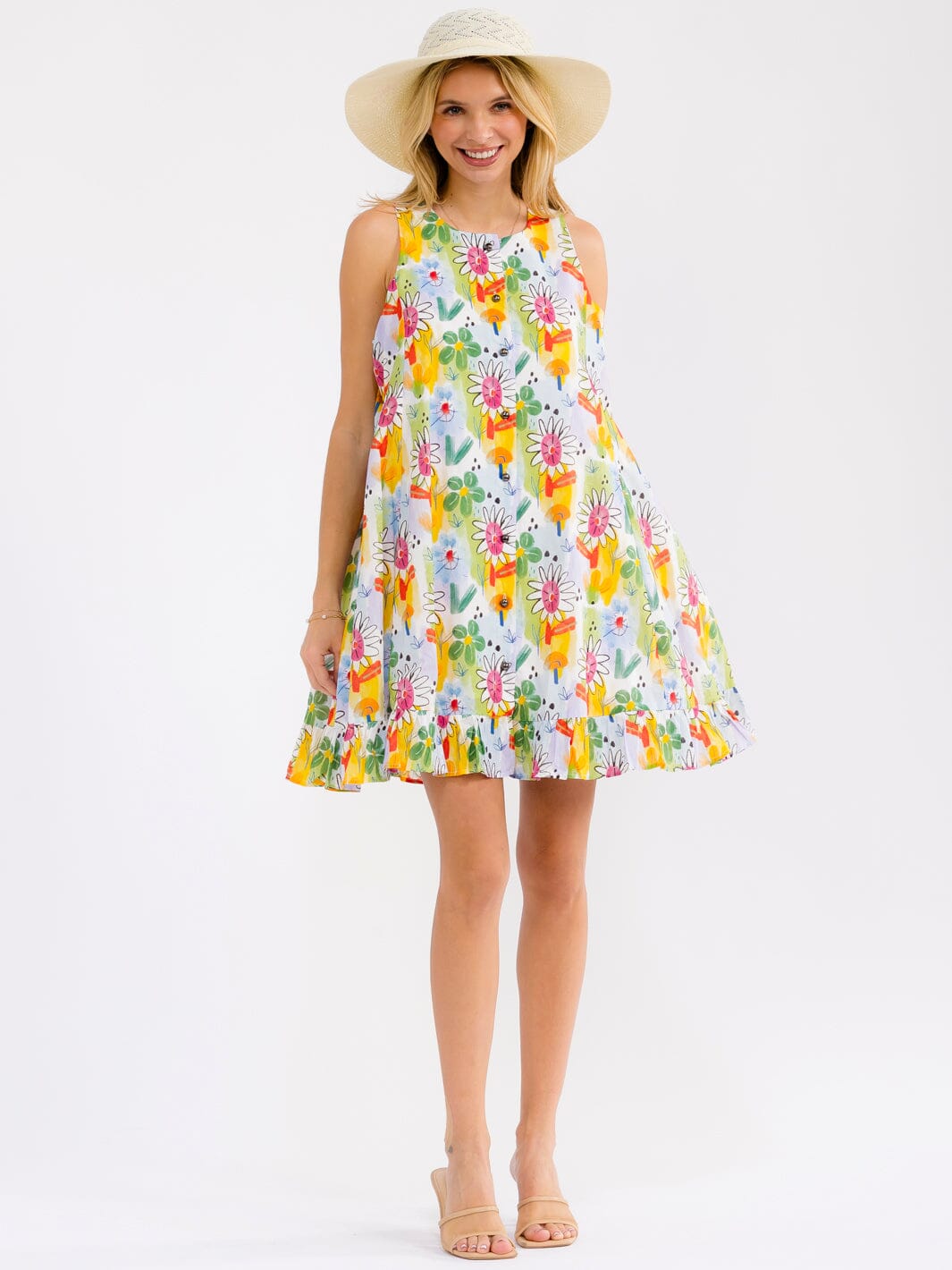 WOMEN'S SLEEVELESS BUTTON UP FLORAL PRINT TUNIC MINI DRESS