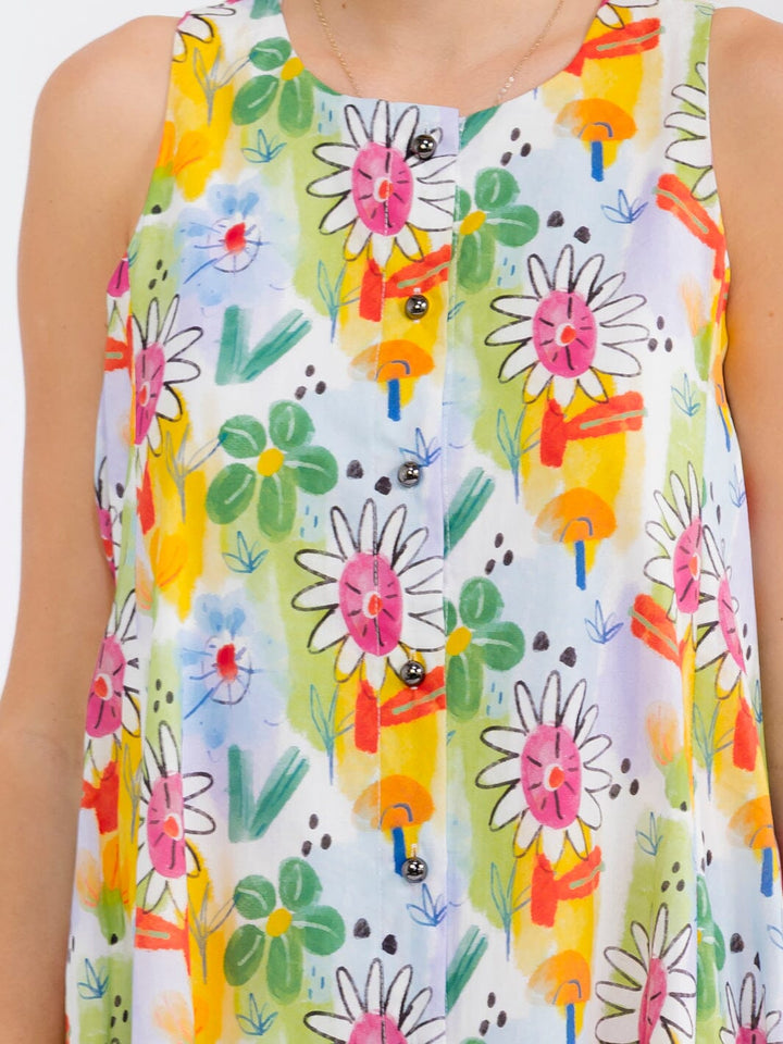 WOMEN'S SLEEVELESS BUTTON UP FLORAL PRINT TUNIC MINI DRESS