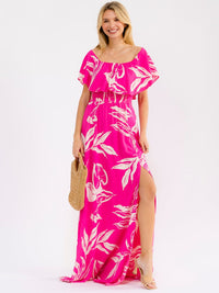 WOMEN'S OFF SHOULDER SHORT SLEEVE SMOCK WAIST SIDE SLIT FLORAL MAXI DRESS