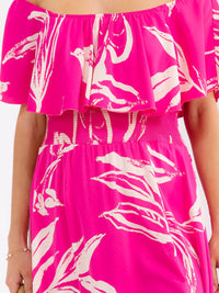 WOMEN'S OFF SHOULDER SHORT SLEEVE SMOCK WAIST SIDE SLIT FLORAL MAXI DRESS