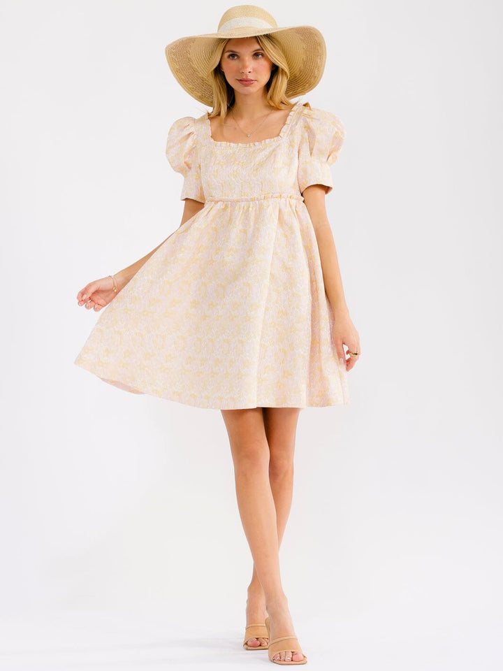 WOMEN'S SHORT PUFF SLEEVE SQUARE NECK SMOCK FLORAL MINI DRESS