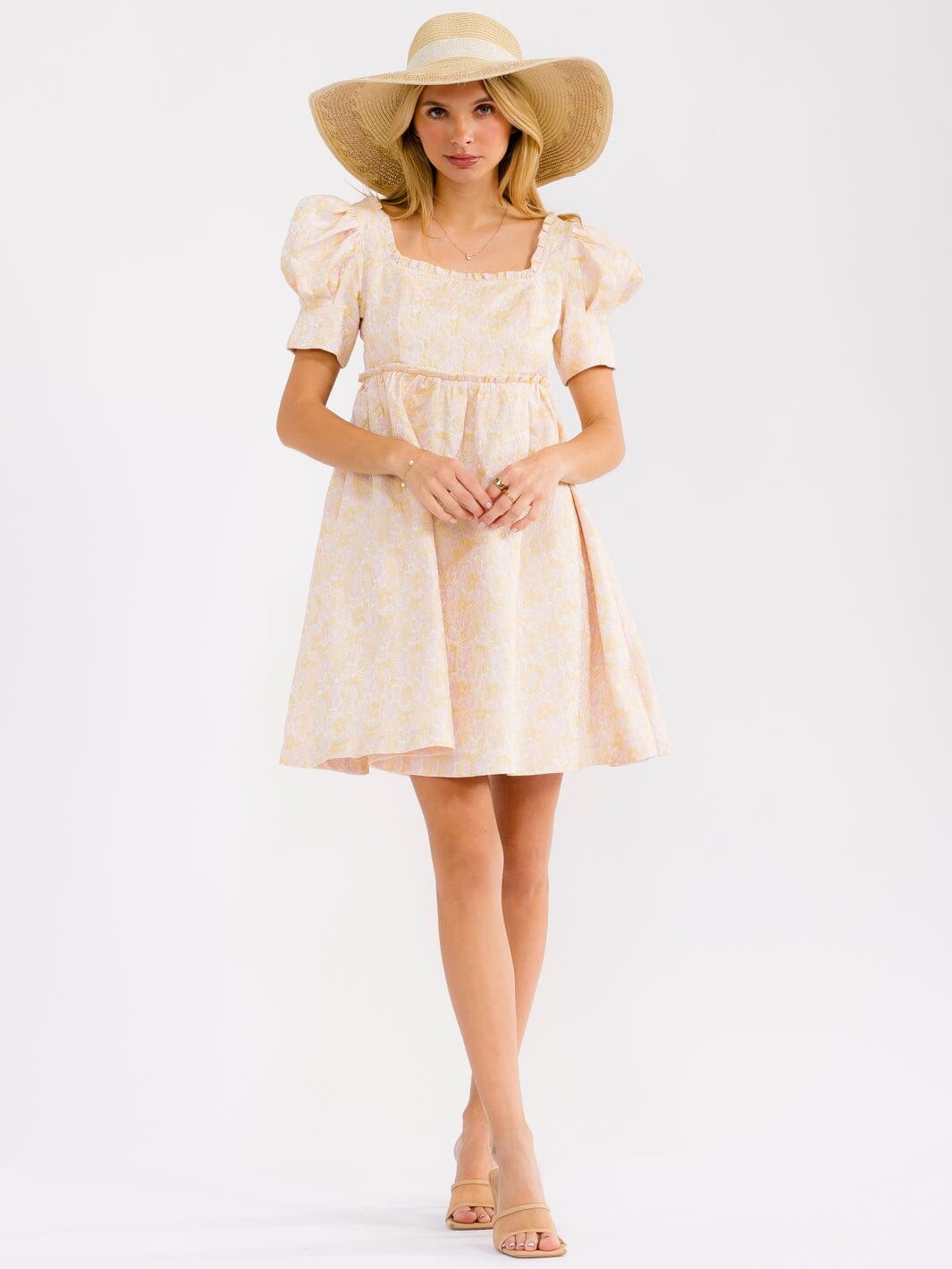 WOMEN'S SHORT PUFF SLEEVE SQUARE NECK SMOCK FLORAL MINI DRESS