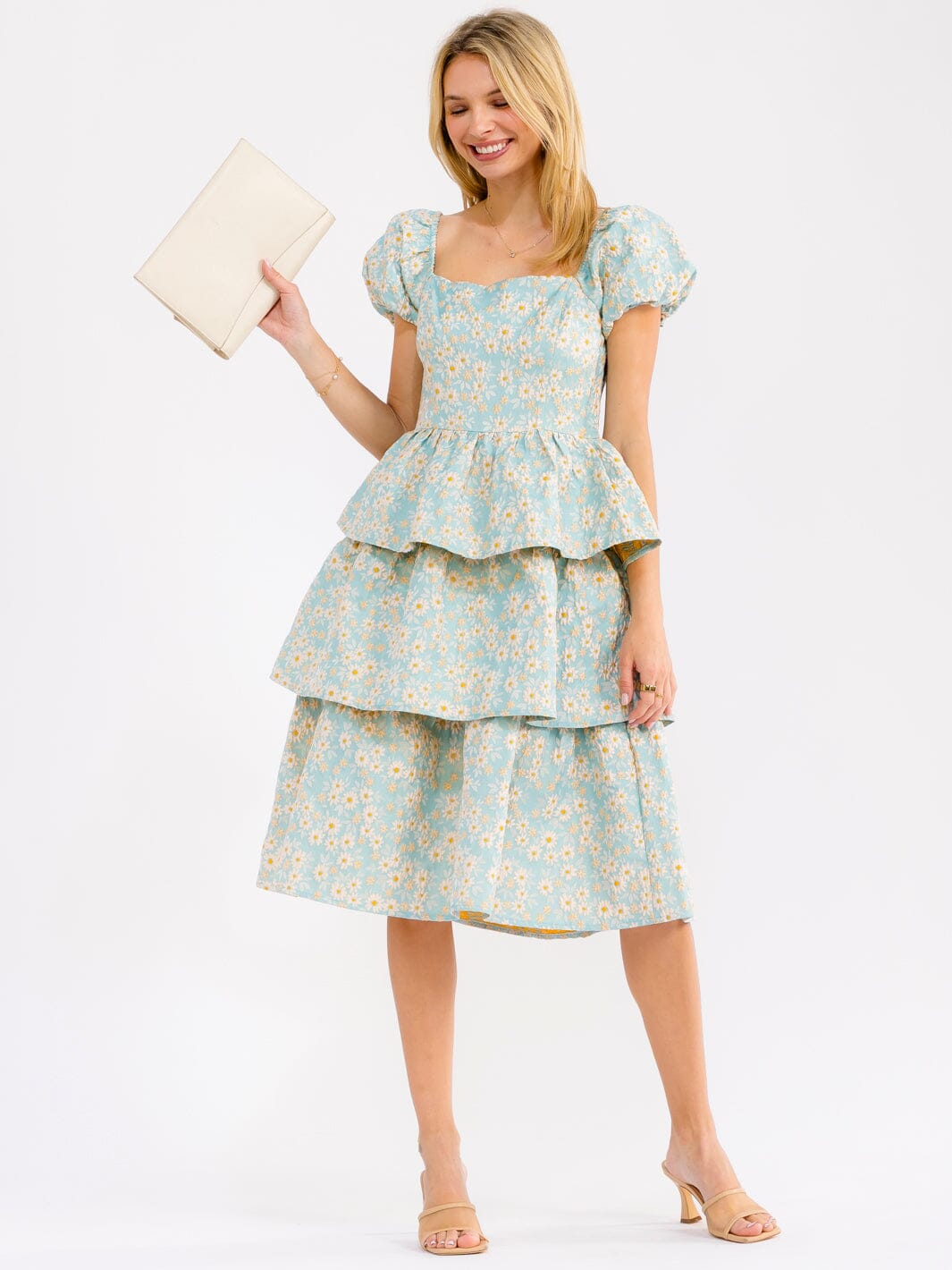 WOMEN'S SHORT PUFF SLEEVE SQUARE NECK RUFFLE TIERED FLORAL MIDI DRESS