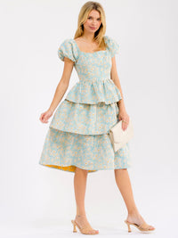 WOMEN'S SHORT PUFF SLEEVE SQUARE NECK RUFFLE TIERED FLORAL MIDI DRESS
