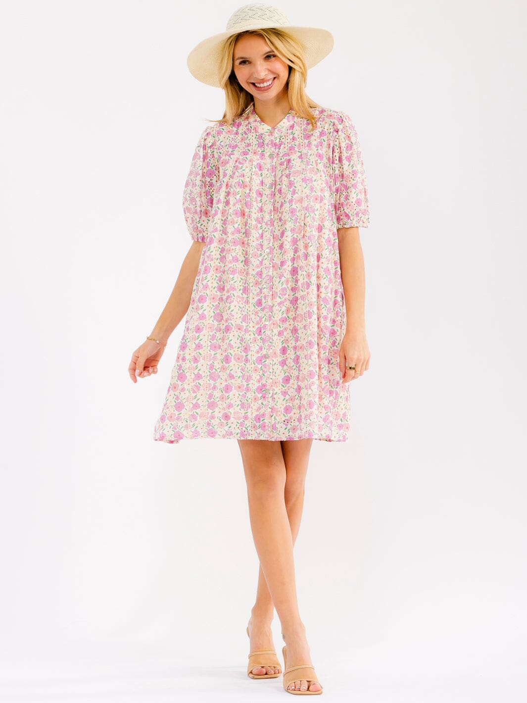 WOMEN'S SHORT SLEEVE BUTTON UP FRONT POCKETS FLORAL EYELET MINI DRESS