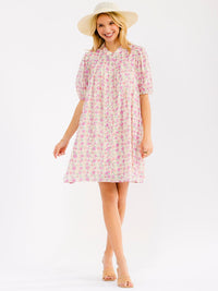 WOMEN'S SHORT SLEEVE BUTTON UP FRONT POCKETS FLORAL EYELET MINI DRESS