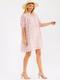 WOMEN'S SHORT SLEEVE BUTTON UP FRONT POCKETS FLORAL EYELET MINI DRESS