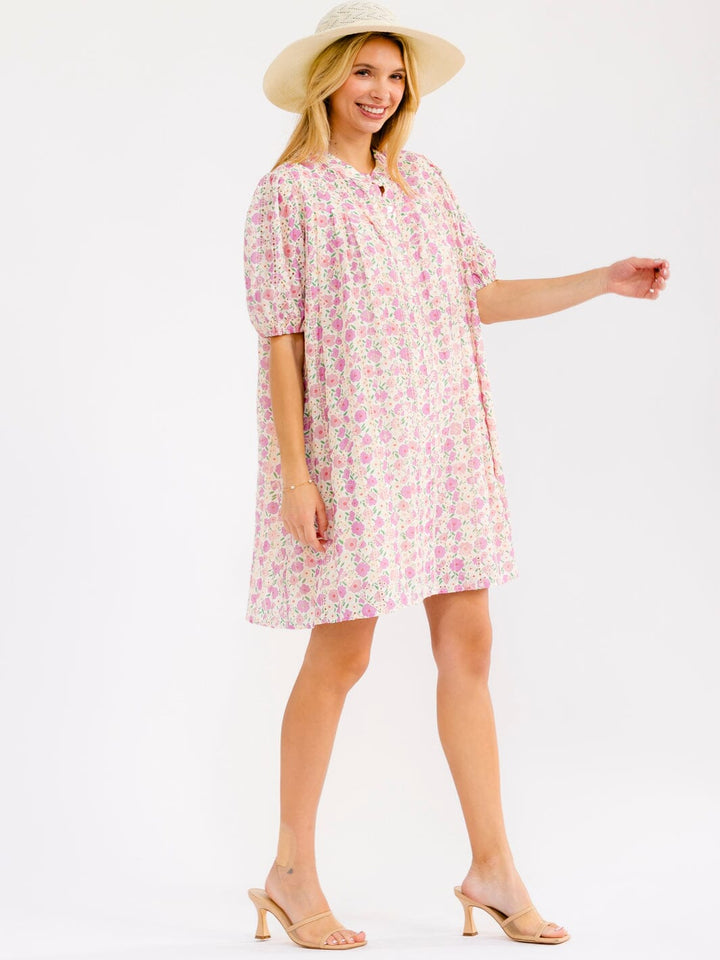 WOMEN'S SHORT SLEEVE BUTTON UP FRONT POCKETS FLORAL EYELET MINI DRESS