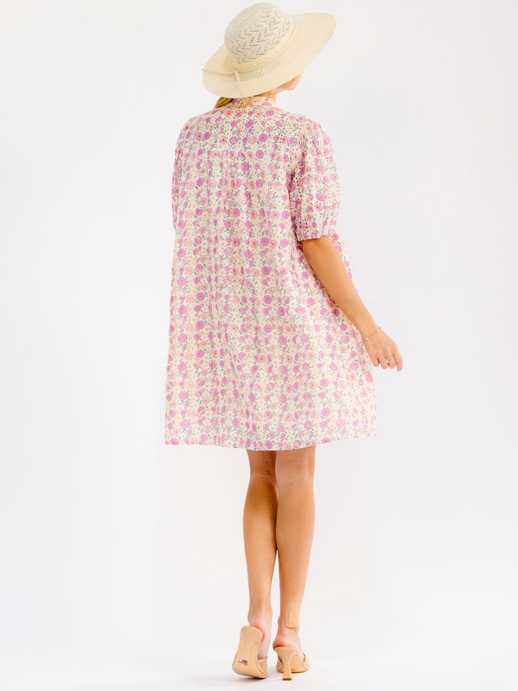 WOMEN'S SHORT SLEEVE BUTTON UP FRONT POCKETS FLORAL EYELET MINI DRESS