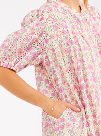 WOMEN'S SHORT SLEEVE BUTTON UP FRONT POCKETS FLORAL EYELET MINI DRESS