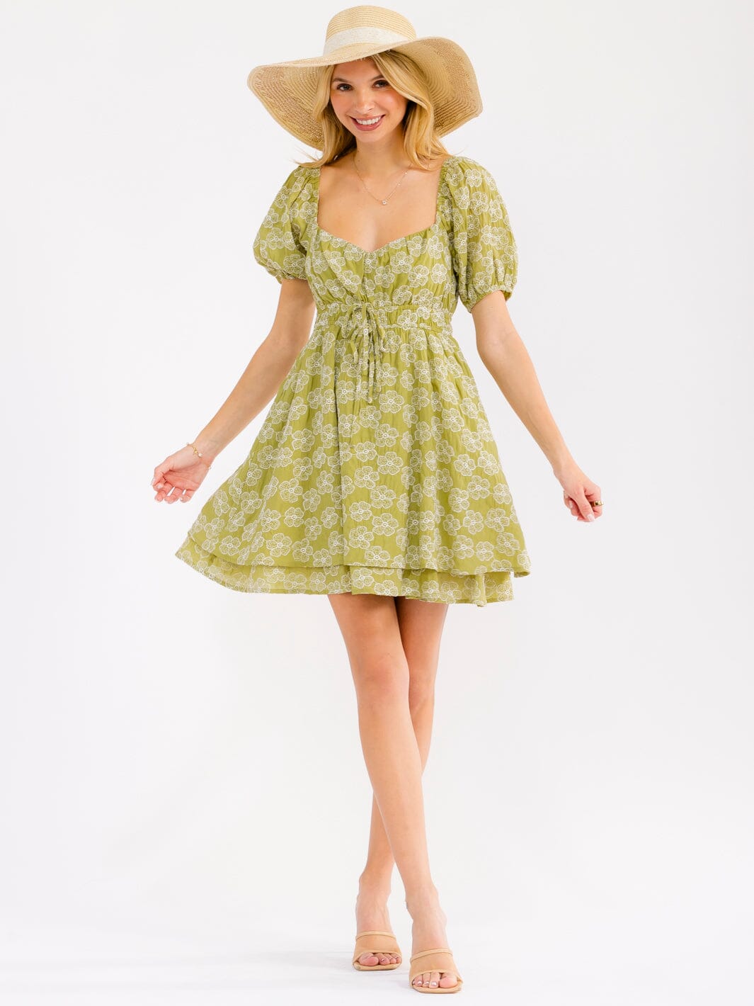 WOMEN'S SHORT PUFF SLEEVE ELASTIC WAIST FLORAL STITCHED MINI DRESS