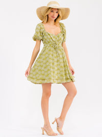 WOMEN'S SHORT PUFF SLEEVE ELASTIC WAIST FLORAL STITCHED MINI DRESS