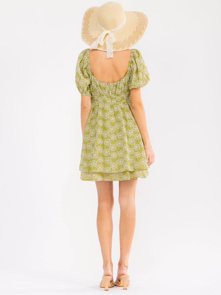 WOMEN'S SHORT PUFF SLEEVE ELASTIC WAIST FLORAL STITCHED MINI DRESS
