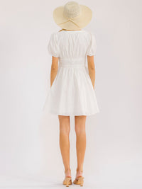 WOMEN'S SHORT SLEEVE V-NECK SMOCK WAIST FIT & FLARE MINI DRESS