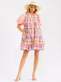 WOMEN'S SHORT PUFF SLEEVE FRONT POCKETS BUTTON UP PLAID MINI DRESS