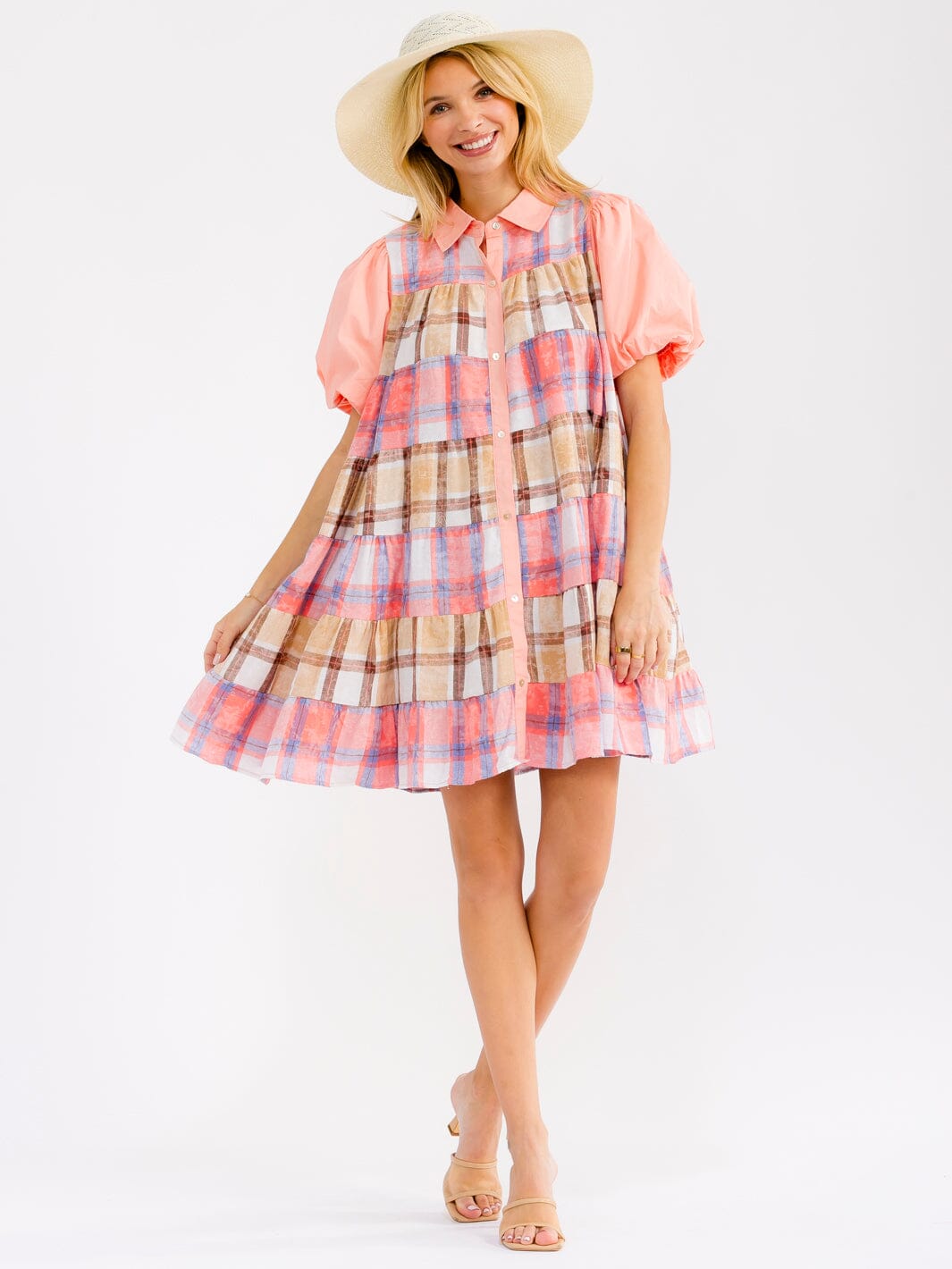 WOMEN'S SHORT PUFF SLEEVE FRONT POCKETS BUTTON UP PLAID MINI DRESS
