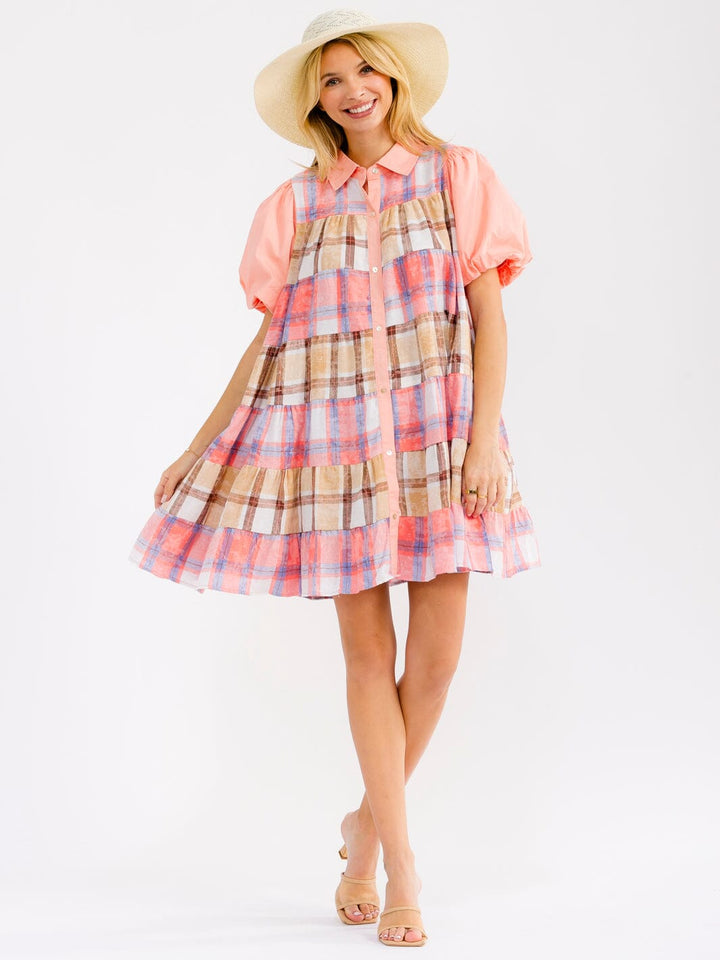 WOMEN'S SHORT PUFF SLEEVE FRONT POCKETS BUTTON UP PLAID MINI DRESS