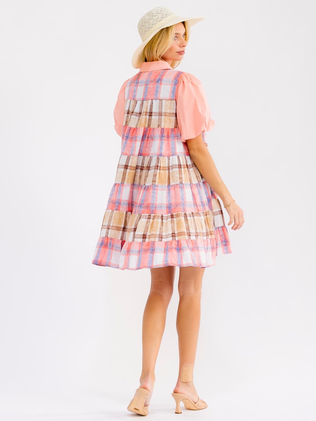 WOMEN'S SHORT PUFF SLEEVE FRONT POCKETS BUTTON UP PLAID MINI DRESS