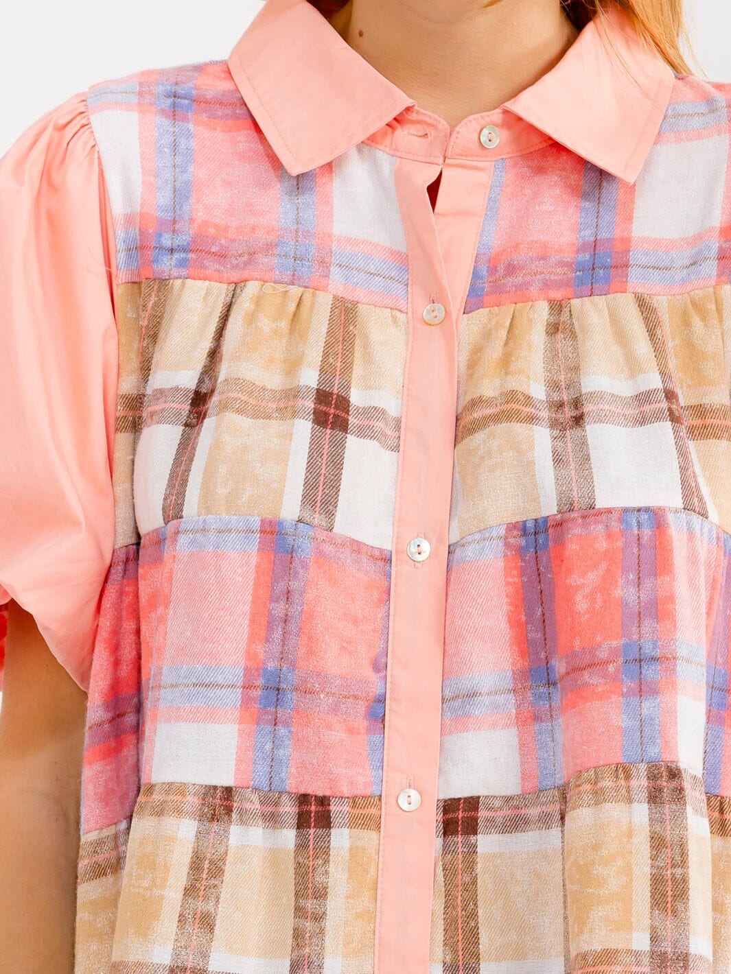 WOMEN'S SHORT PUFF SLEEVE FRONT POCKETS BUTTON UP PLAID MINI DRESS