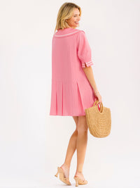 WOMEN'S SHORT SLEEVE PLEATED LOOSE FIT MINI DRESS