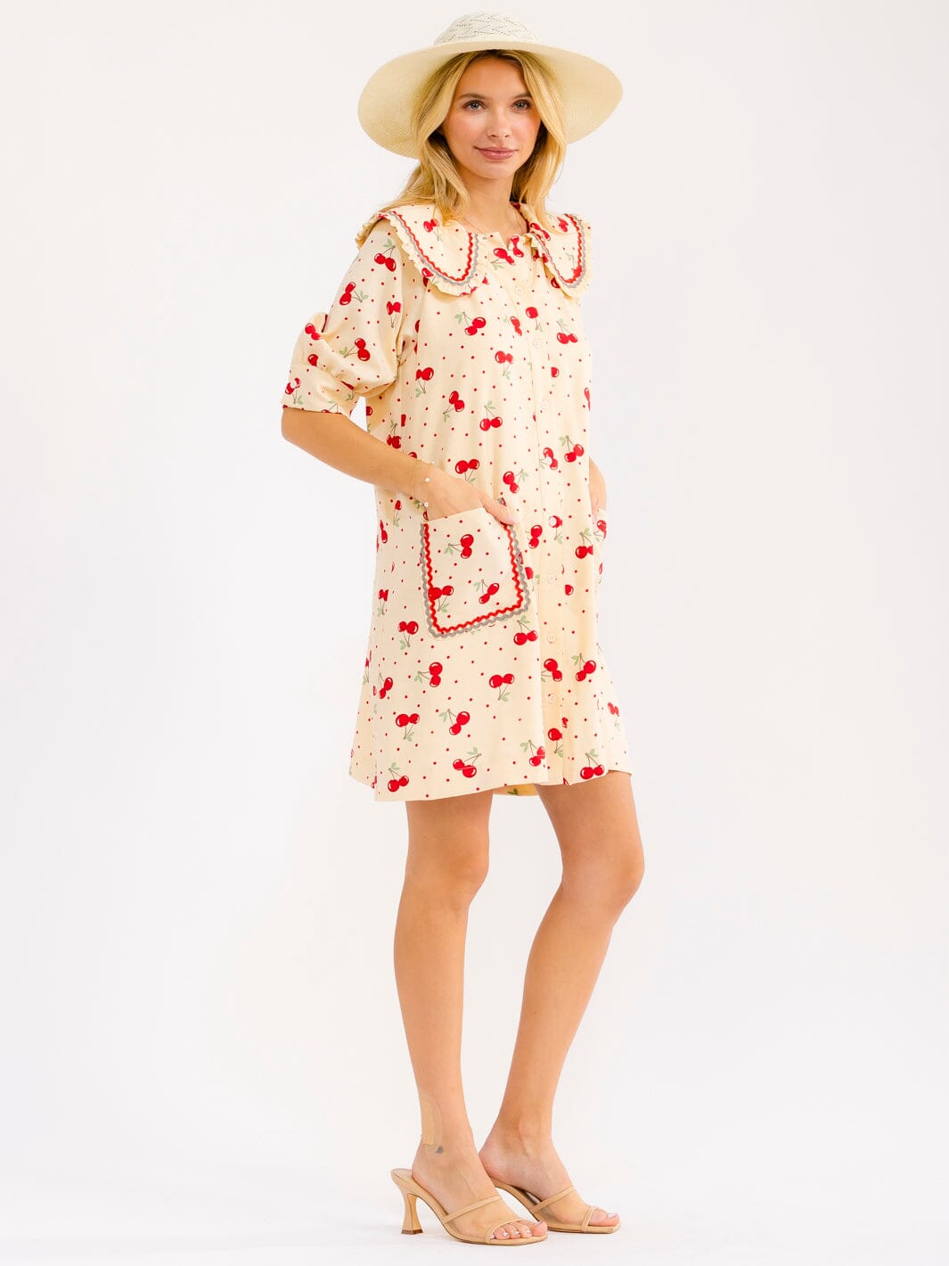 WOMEN'S SHORT SLEEVE BUTTON UP FRONT POCKETS CHERRY PRINT MINI DRESS