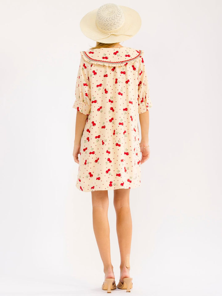 WOMEN'S SHORT SLEEVE BUTTON UP FRONT POCKETS CHERRY PRINT MINI DRESS