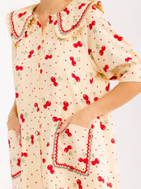 WOMEN'S SHORT SLEEVE BUTTON UP FRONT POCKETS CHERRY PRINT MINI DRESS