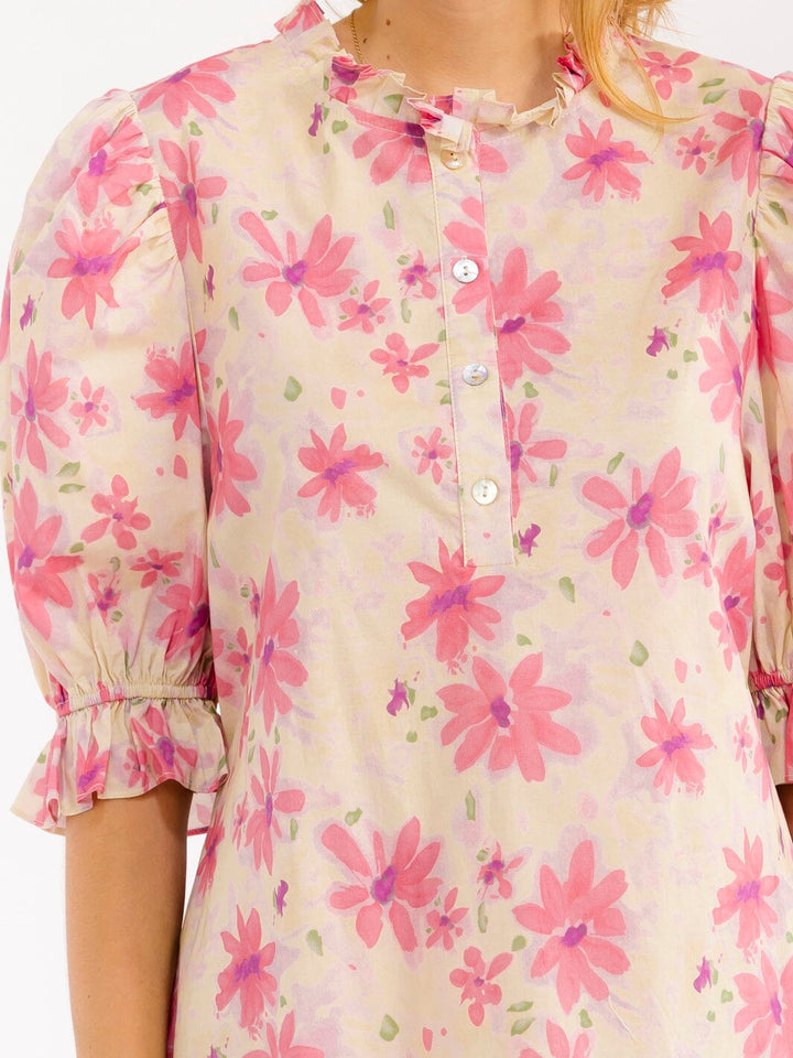 WOMEN'S SHORT SLEEVE BUTTON UP FLORAL MINI DRESS