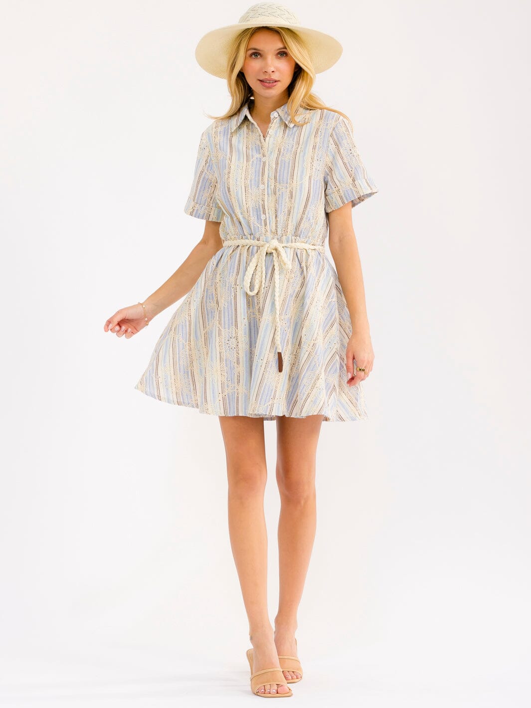 WOMEN'S SHORT SLEEVE BUTTON UP SELF TIE STITCH DETAILED MINI DRESS