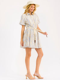 WOMEN'S SHORT SLEEVE BUTTON UP SELF TIE STITCH DETAILED MINI DRESS